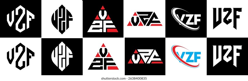 VZF letter logo design in six style. VZF polygon, circle, triangle, hexagon, flat and simple style with black and white color variation letter logo set in one artboard. VZF minimalist and classic logo
