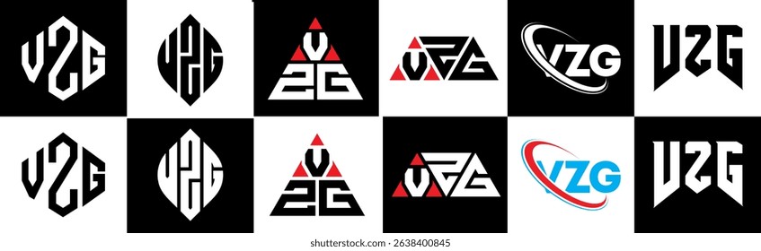 VZG letter logo design in six style. VZG polygon, circle, triangle, hexagon, flat and simple style with black and white color variation letter logo set in one artboard. VZG minimalist and classic logo