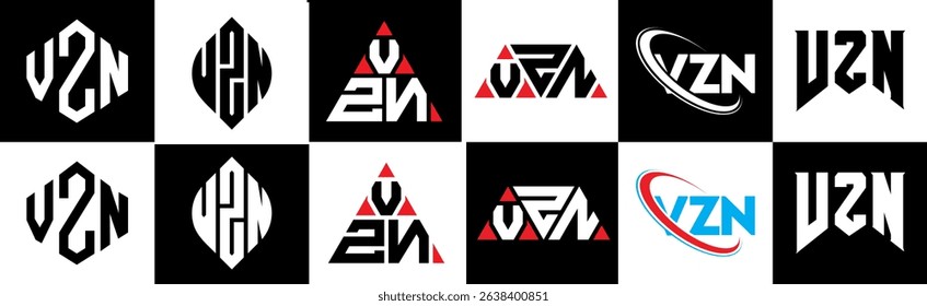 VZN letter logo design in six style. VZN polygon, circle, triangle, hexagon, flat and simple style with black and white color variation letter logo set in one artboard. VZN minimalist and classic logo