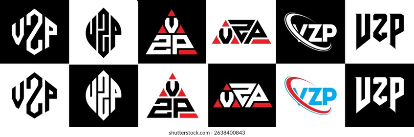 VZP letter logo design in six style. VZP polygon, circle, triangle, hexagon, flat and simple style with black and white color variation letter logo set in one artboard. VZP minimalist and classic logo