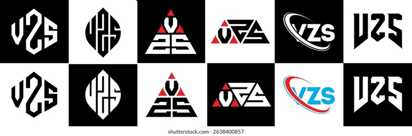 VZS letter logo design in six style. VZS polygon, circle, triangle, hexagon, flat and simple style with black and white color variation letter logo set in one artboard. VZS minimalist and classic logo