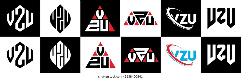VZU letter logo design in six style. VZU polygon, circle, triangle, hexagon, flat and simple style with black and white color variation letter logo set in one artboard. VZU minimalist and classic logo