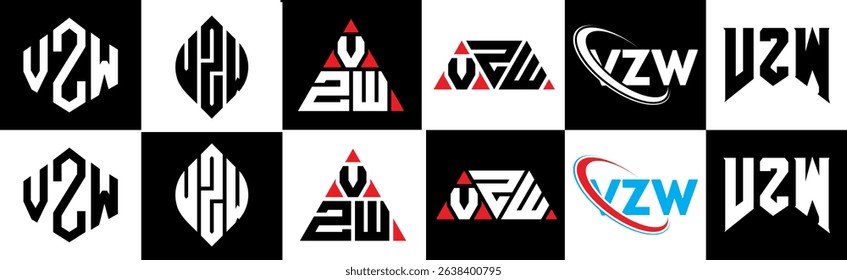 VZW letter logo design in six style. VZW polygon, circle, triangle, hexagon, flat and simple style with black and white color variation letter logo set in one artboard. VZW minimalist and classic logo