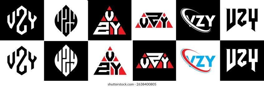 VZY letter logo design in six style. VZY polygon, circle, triangle, hexagon, flat and simple style with black and white color variation letter logo set in one artboard. VZY minimalist and classic logo