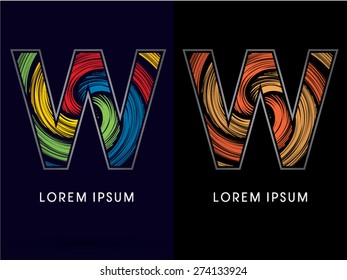 W ,Abstract , font, concept Spin,designed using colors and gold silver bronze grunge brush,sign ,logo, symbol, icon, graphic, vector.