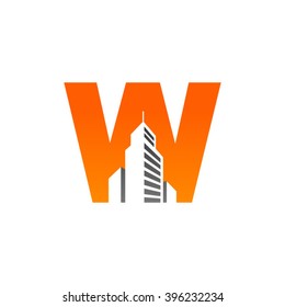 W alphabet building negative space letter logo orange