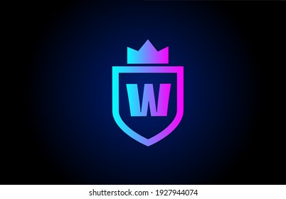 W alphabet letter logo icon for business. Company design with king crown and shield in gradient color for corporate identity