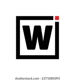 W alphabet letter logo icon in black and white. Company and business design with a square and red dot.