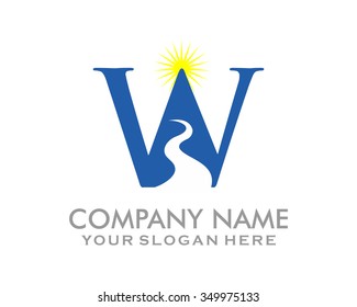 W alphabet mountain sun road logo icon vector