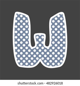W alphabet vector letter with white and pastel blue polka dots on black background
