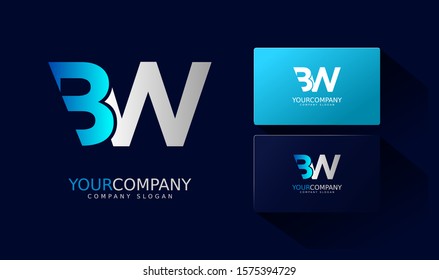 W B Logo and business card. WB Letter modern Design Vector with blue and silver gradient color.