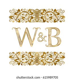 W and B vintage initials logo symbol. The letters are surrounded by ornamental elements. Wedding or business partners monogram in royal style.