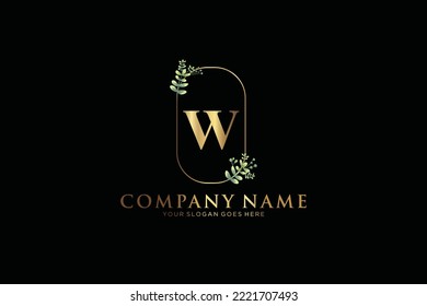 W Beauty vector initial logo, Golden floral letters with flowers leaves and gold splatters isolated on white background. Vector illustration for wedding, greeting cards, invitations template design
