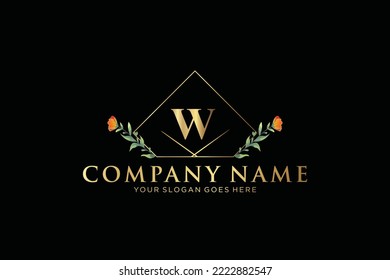 W Beauty vector initial logo, Golden floral letters with flowers leaves and gold splatters isolated on white background. Vector illustration for wedding, greeting cards, invitations template design