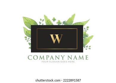 W Beauty vector initial logo, Golden floral letters with flowers leaves and gold splatters isolated on white background. Vector illustration for wedding, greeting cards, invitations template design