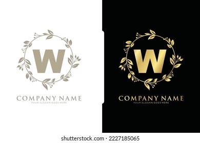 W Beauty vector initial logo, Golden floral letters with flowers leaves and gold splatters isolated on white background. Vector illustration for wedding, greeting cards, invitations template design
