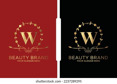 W Beauty vector initial logo, Golden floral letters with flowers leaves and gold splatters isolated on white background. Vector illustration for wedding, greeting cards, invitations template design