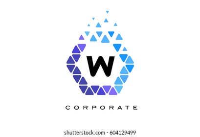 W Blue Hexagon Letter Logo Design with Blue Mosaic Triangles Pattern.
