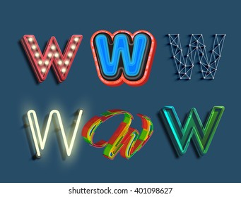 W character set of 6 different styled font, vector