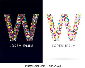 W ,Colorful font, concept mosaic pattern,designed using colors triangle geometric shape. on dark and white background, sign ,logo, symbol, icon, graphic, vector.