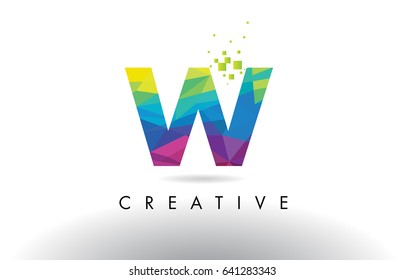 W Colorful Letter Design with Creative Origami Triangles Rainbow Vector.