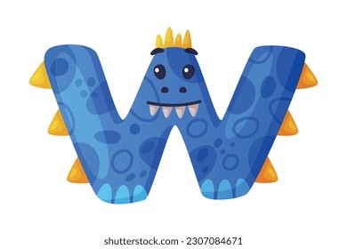 W consonant letter dino font. Dinosaur alphabet, cute dino effect blue letter sign, abc for kids, nursery, birthday party design cartoon vector illustration