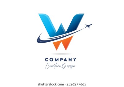 W corporate letter alphabet logo icon design with swoosh plane suitable for an air or aerospace travel company or business