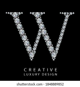 W diamond letter vector illustration. White gem symbol logo for your luxury business, casino, jewelry or web site. Upper letter with many sparkling diamonds isolated on black background.