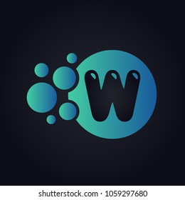 W Dots Letter Logo. Blue Circle. Design Vector Illustration with Bubble Abstract.