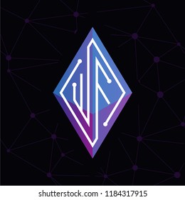 W F Initial letter block chain logo icon vector template. Looping mono line circuit letter on rhombus cube logo