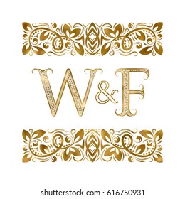 W and F vintage initials logo symbol. The letters are surrounded by ornamental elements. Wedding or business partners monogram in royal style.