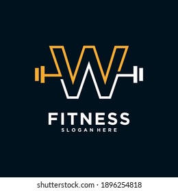 W fitness logo logo with Kettlebell fitness vector icon design and Barbell Fitness Gym Logo Design.