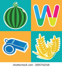 W flashcard letter with three kind of vocabularies example.
