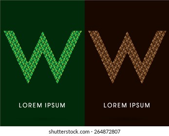 W , font, concept leaf and rock, designed using colors green and brown colors tone geometric shape on dark background, sign ,logo, symbol, icon, graphic, vector.