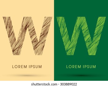 W, Font, concept line stroke , wood and leaf, grass, graphic vector.