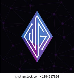 W G Initial letter block chain logo icon vector template. Looping mono line circuit letter on rhombus cube logo