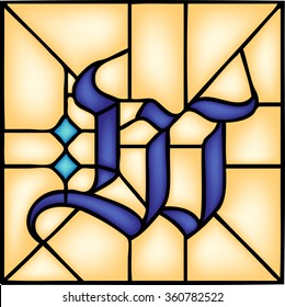 W - Gothic font, English alphabet, letter, vector illustration in stained glass window style