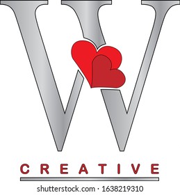 W grey letter with two red hearts vector illustration. Styled symbol for Valentine's day, love concept, logo, label, emblem, greeting card, cover or web page graphic design.