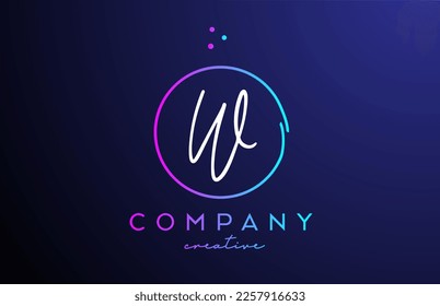W handwritten alphabet letter logo with dots and pink blue circle. Corporate creative template design for company and business