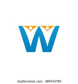 W initial alphabet letter logo with negative space swoosh man, orange blue