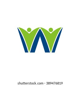 W initial alphabet letter logo with holding hands swoosh man, green blue