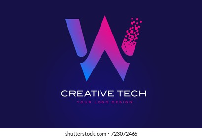 W Initial Letter Logo Design with Digital Pixels in Blue and Purple Colors.
