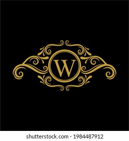 W Initial Letter Luxury Golden Monogram Logo with Frame Ornament for Boutique, Beauty Spa, Hotel, Resort, Restaurant, Jewelry, cosmetic Logo Design. Initial Golden Wedding Marriage Sign