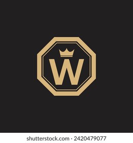 W initial letter monogram design with crown icon in hexagonal shape vector eps