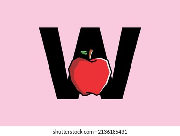 W initial letter with red apple in stiff art style design