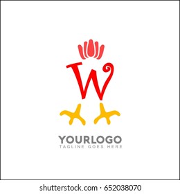 W Initial Letter With Rooster or Cock Icon Logo. Chicken vector illustration
