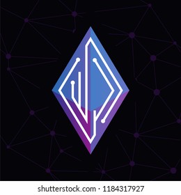 W J Initial letter block chain logo icon vector template. Looping mono line circuit letter on rhombus cube logo