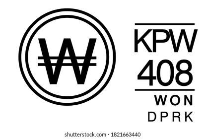 W, KPW, 408, Won, DVRK Banking Currency Symbol Schriftzug Logo-Banner einzeln auf Hintergrund gesetzt. Abstraktes Concept-Grafikelement. Sammlung von Währungssymbolen nach ISO 4217 für Länder