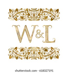 W and L vintage initials logo symbol. The letters are surrounded by ornamental elements. Wedding or business partners monogram in royal style.