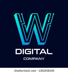 The w letter 3 dimensions or 3D with dot and technology symbol on dark blue background in the style of modern. This logo is suitable for industrial, mechanical, connection, business and automotive.